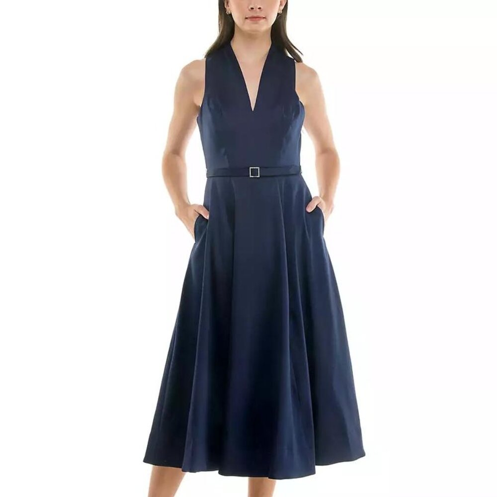Taylor Women's Sleeveless Belted Mikado A-Line Dress Navy Size 12